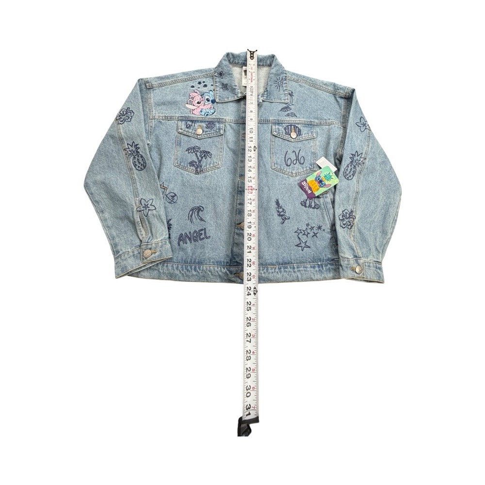 Disney Denim Jacket Womens L Blue Stitch Angel 626 Light Wash Embroidered Doodle - Picture 8 of 14